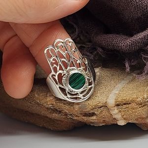 FP Jewelry Designer Mikal Winn Sterling 925 Silver Ring Hamsa Malachite Stone
